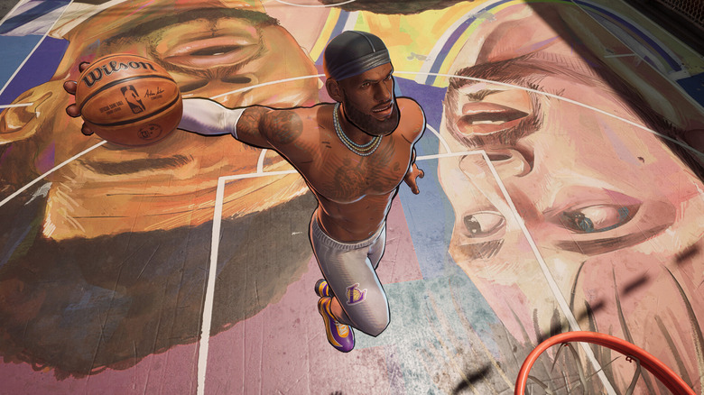 A cartoon-like version of LeBron James attempts to dunk a basketball
