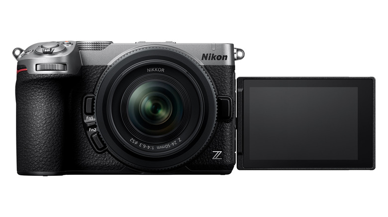 Nikon's Z5 IIC is shown from the front against white with the rear screen flipped out