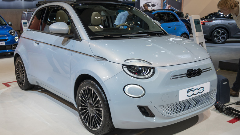 Gray Fiat 500e in the showroom