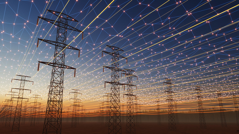Powerlines stand against a bright sunrise, as an artistic rendering shows a constellation of blue and gold lines running between them.
