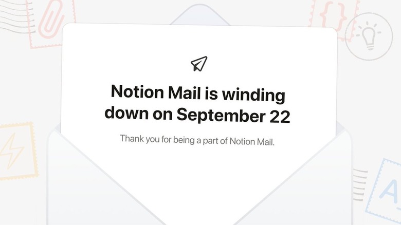 Illustration of a letter emerging from a white envelope announcing the September 22 shutdown date for Notion Mail.