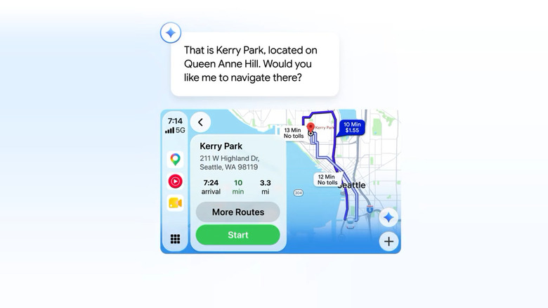 A screenshot of Gemini in CarPlay. The user asks Gemini a question about Kerry Park in Seattle.
