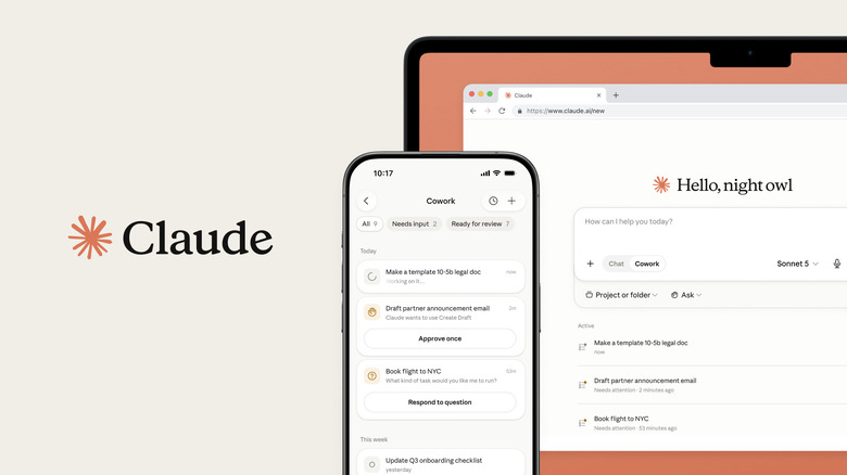 Two screenshots showing the new Claude Cowork interface on mobile and web.