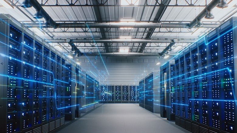 Data center with blue FX lines to represent data flow