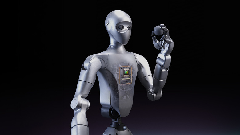 NVIDIA's Gr00t reference humanoid robot platform is shown as a render holding a grey ball