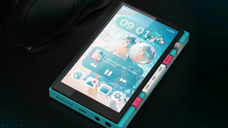 The HiBy Digital M500 x Hatsune Miku audio player on black background