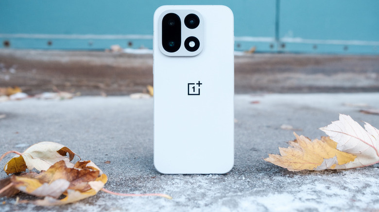 A white OnePlus phone propped up on the sidewalk next to leaves.