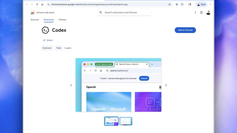 Screenshot of how to add the Chrome extension for Codex.
