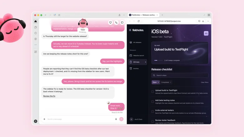 OpenAI's Iggy Dot discussing an iOS beta beside a release checklist.