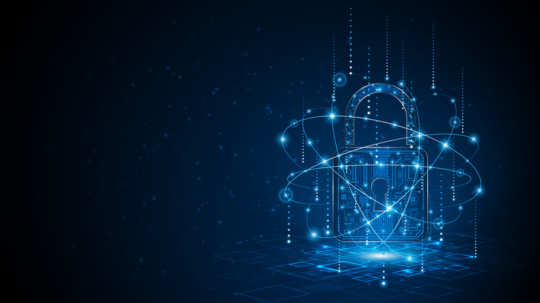Illustration of a lock surrounded by blue lines and lights, a symbolic representation of cybersecurity. Background is dark blue, with the lock spotlighted on the right side.