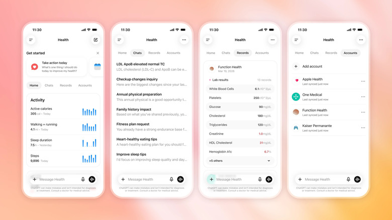 Four screenshots of the chats, records and connected medical accounts you can view in ChatGPT Health.