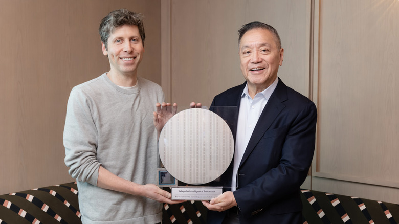 Photo of OpenAI CEO Sam Altman and Broadcom President and CEO Hock Tan holding the Jalapeño chip