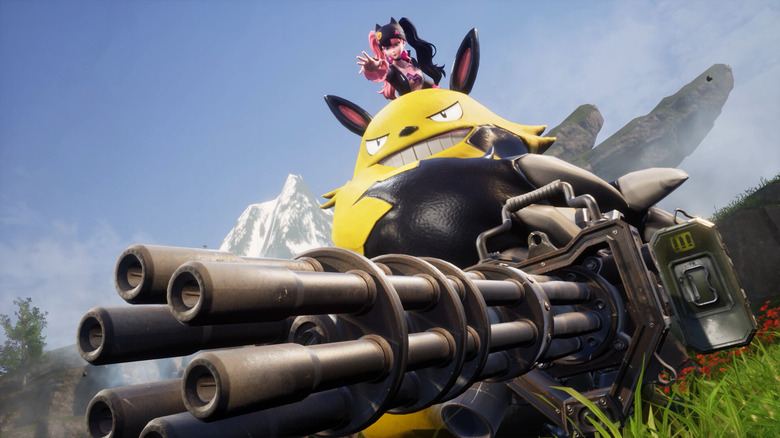 A human character on top of a large, cartoon-like creature that's wielding a giant machine gun