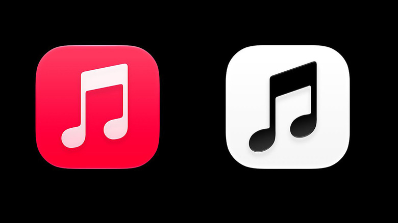 Apple Music's old red and white logo from iOS beta 27.3 is shown next to the new black and white logo from iOS beta 27.4
