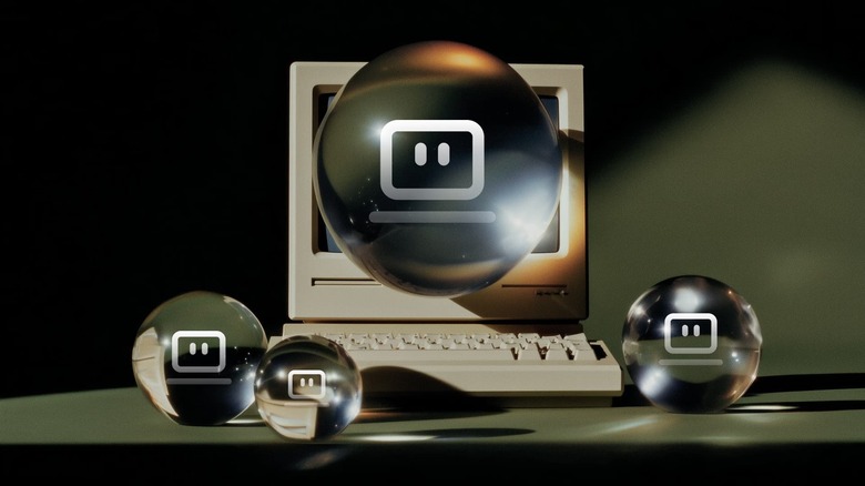 Renders of bubbles featuring a computer illustration superimposed over an Apple Macintosh
