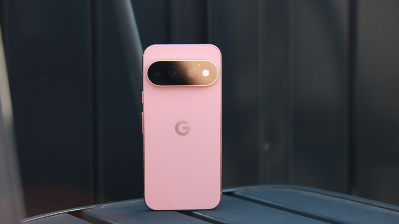 A Pixel 11 Pro standing on a table with its rear facing out.
