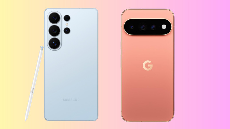 Back view of the Samsung Galaxy S26 Ultra in blue and Google Pixel 11 Pro XL in canyon orange
