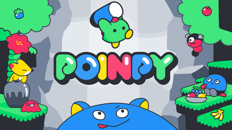 Key art for the video game Poinpy, with a small green creature jumping in the air while holding a basket.