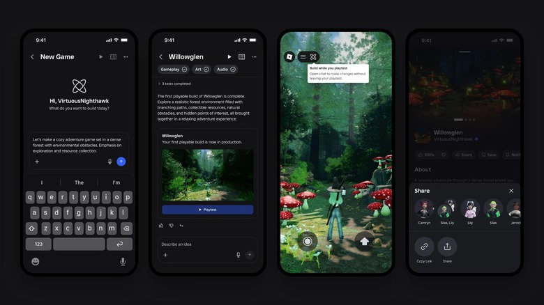 Four dark mode screenshots of the Roblox gen-AI Build tool in use. First is entering a prompt, second is the screen to start playtesting, third is an in-game screenshot, and fourth is the sharing screen.