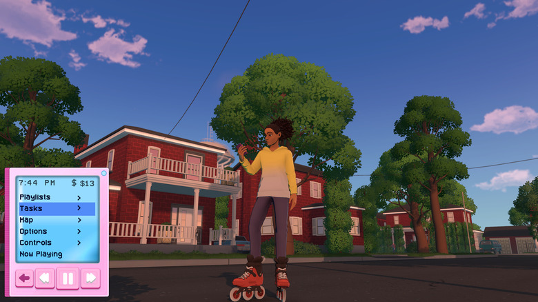 A teenage girl on rollerblades is in the middle of a tree-lined street, looking at a device. An MP3 player-like display is shown in the bottom-left corner, showing options such as playlists, tasks, map, options and controls.