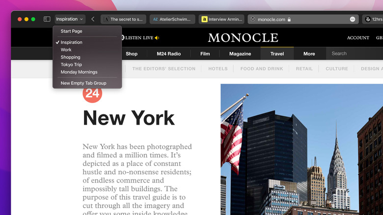 Using the Tab Groups feature on Safari.