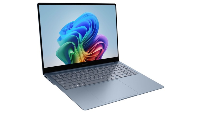 A thin laptop opened up to show the screen, keyboard and touchpad