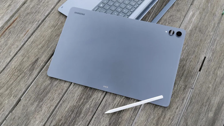 The back of the Samsung Galaxy Tab S12 Ultra with a stylus and keyboard.