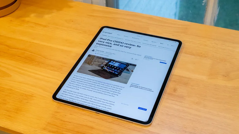 An Engadget article displayed on the iPad Pro M5.