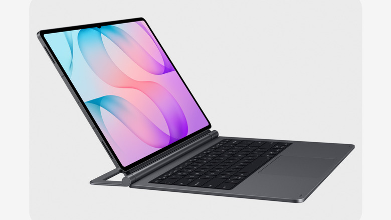 Samsung Galaxy Tab S12 Ultra docked in Book Cover Keyboard accessory.