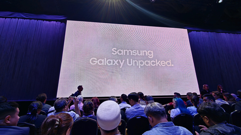 The Samsung Galaxy Unpacked screen at the London event.