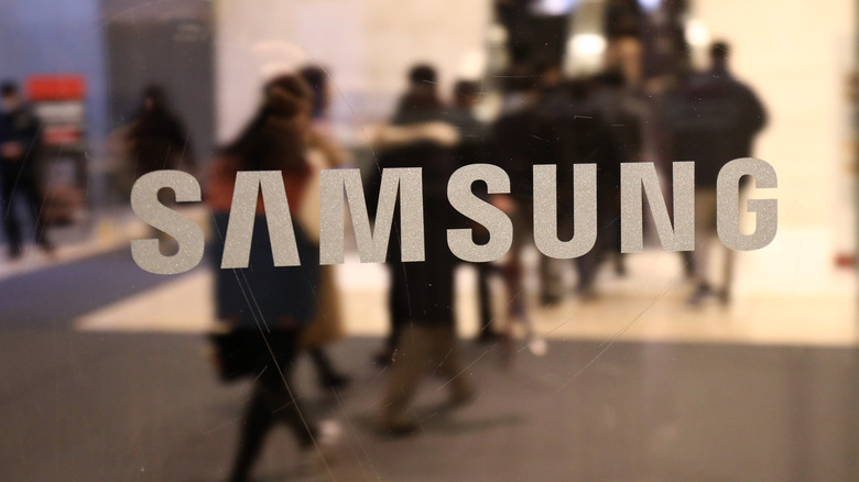 Samsung sign shown in the company's corporate offices in Seoul, South Korea