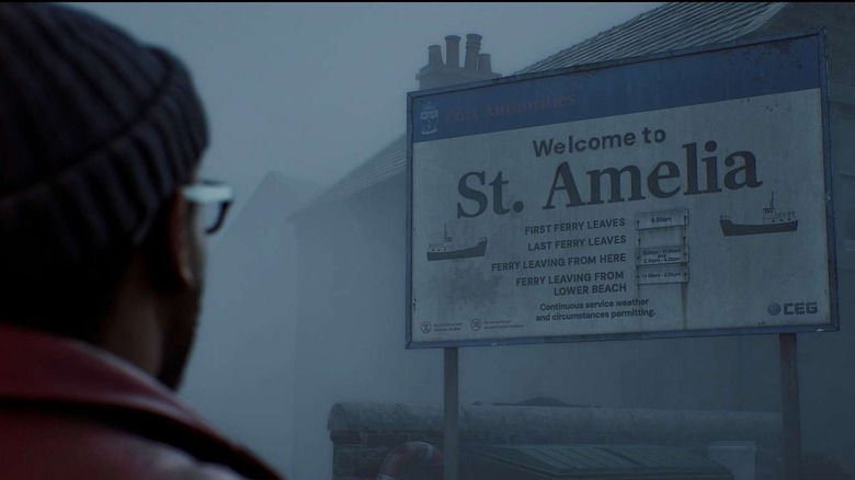 A man looks at a sign for St. Amelia, through thick fog.