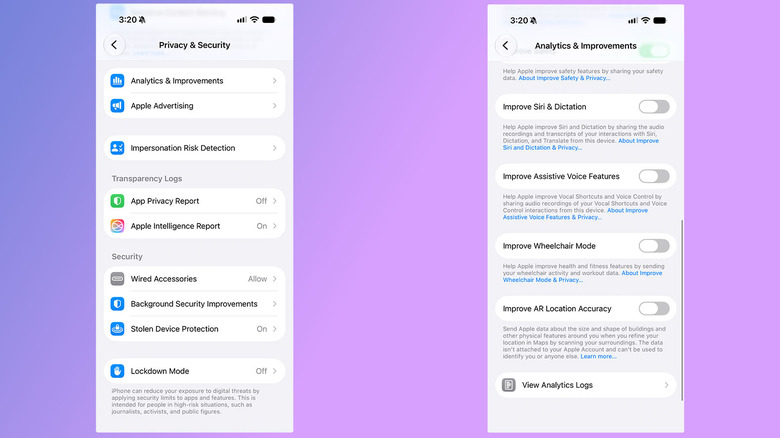 A pair of screenshots showing how to disable Siri training.