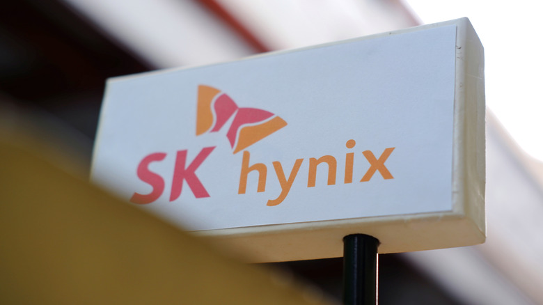 SK Hynix logo shown against white on a signboard in Seoul, South Korea