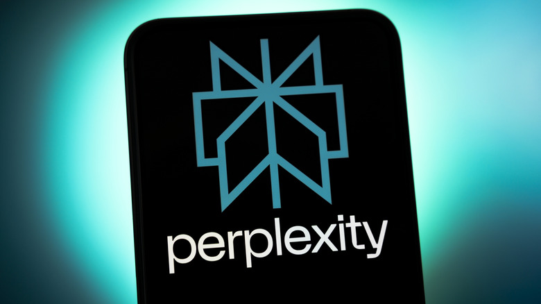 The Perplexity logo on a phone screen against a blue background.