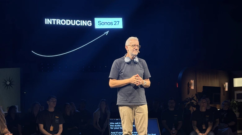 Sonos CEO Thomas Conrad in front of a screen saying 