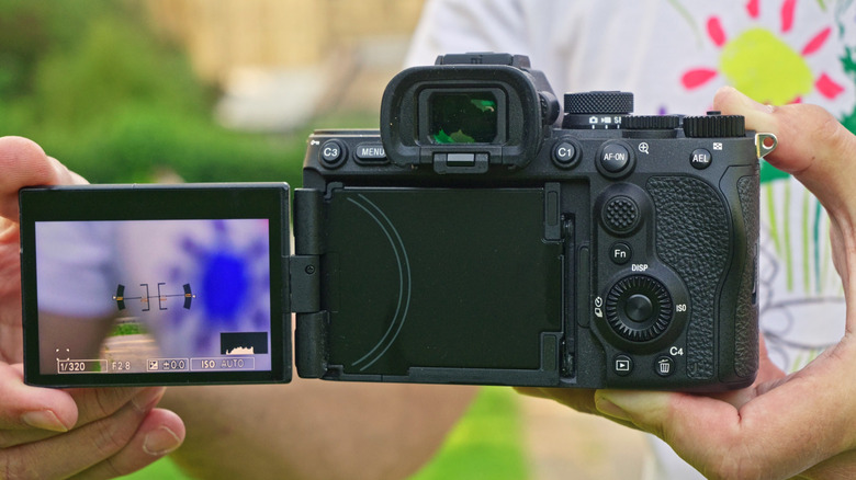Sony A7R VI mirrorless camera shown from the back with the screen rotated out