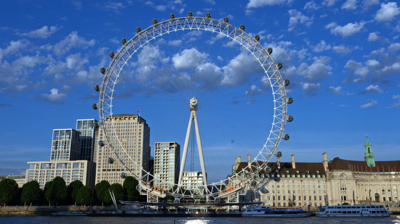London Eye shown against a blue sky