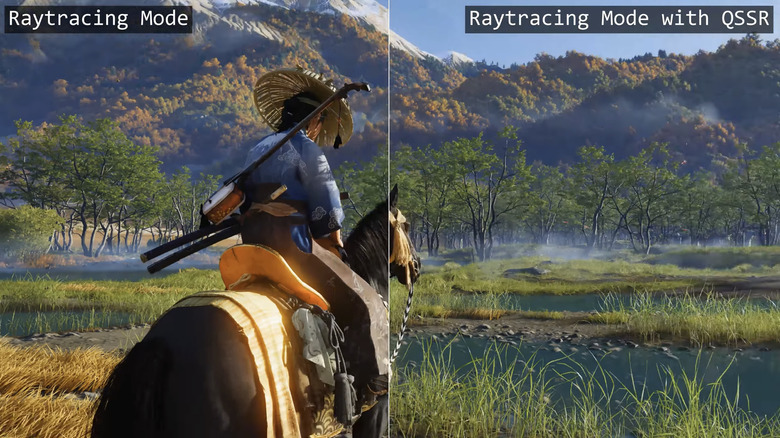 A split screenshot of Ghost of Yōtei that compares the visual fidelity of the raytracing mode and a raytracing mode with AI upscaling enabled.