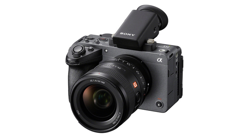 Sony FX5 cinema camera is shown from the front with removable viewfinder on top