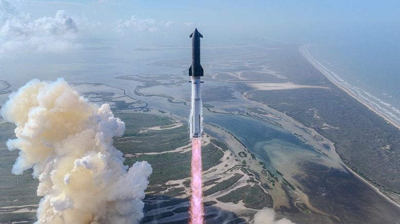 A rocket launching into the air.