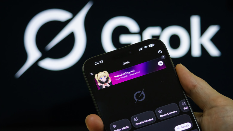 The Grok symbol and term are displayed prominently in the background with an iPhone in the foreground, displaying Grok chatbot Ani.