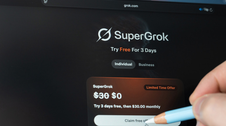 Close-up screen showing SuperGrok's free 3-day trial option, then $30 monthly.