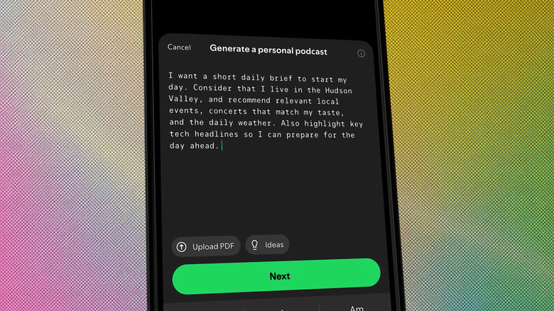 Screenshot of Spotify's personal podcast tool, showing a prompt from a user asking for a daily briefing that includes local events, nearby concerts, the weather forecast and tech headlines.