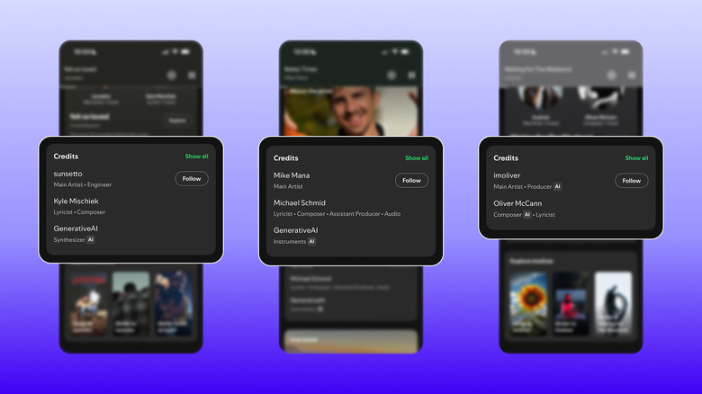 Spotify screenshots showing song credits that disclose the use of generative AI.