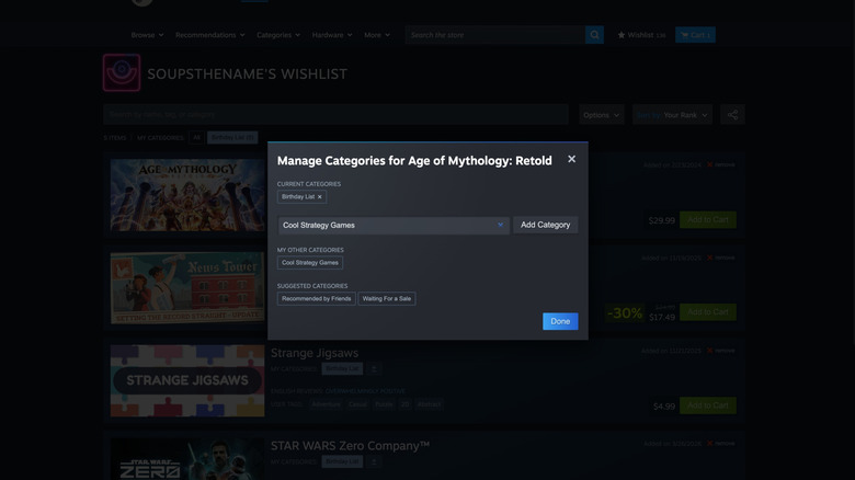 A screenshot of the new category tool on Steam's wishlist page.