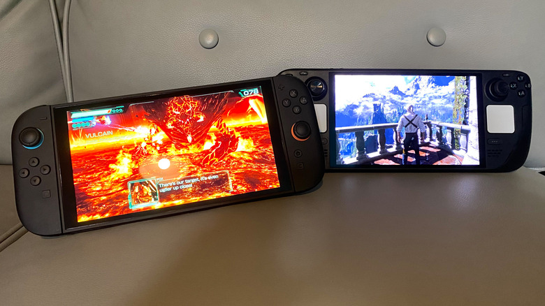 A Nintendo Switch 2 playing Star Fox (2026) next to a Steam Deck OLED playing The Witcher 3: Wild Hunt.