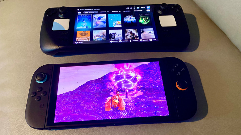 A Nintendo Switch 2 playing Donkey Kong Bananza next to a Steam Deck OLED.