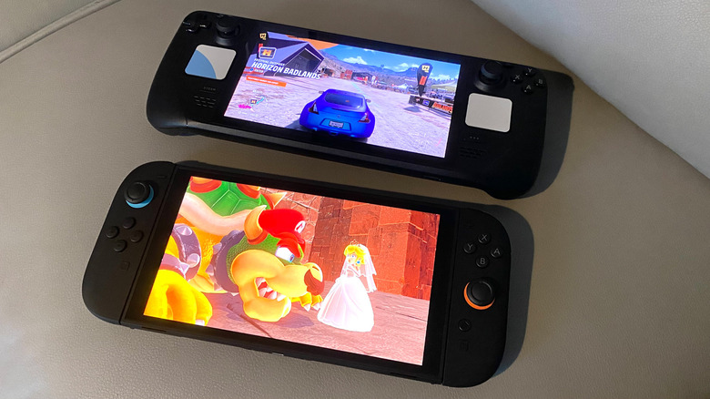 A Nintendo Switch 2 playing Super Mario Odyssey next to a Steam Deck OLED playing Forza Horizon 5.