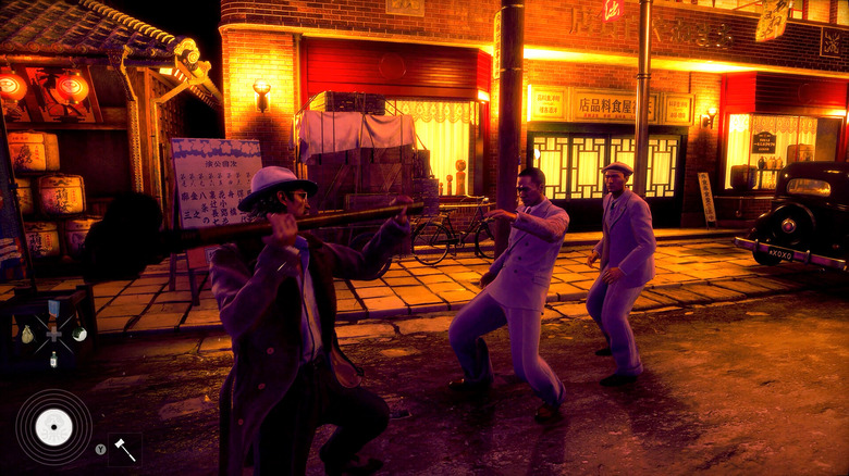 A man weilds a construction tool in a brawl against two goons in a screenshot from the video game Stranger Than Heaven.